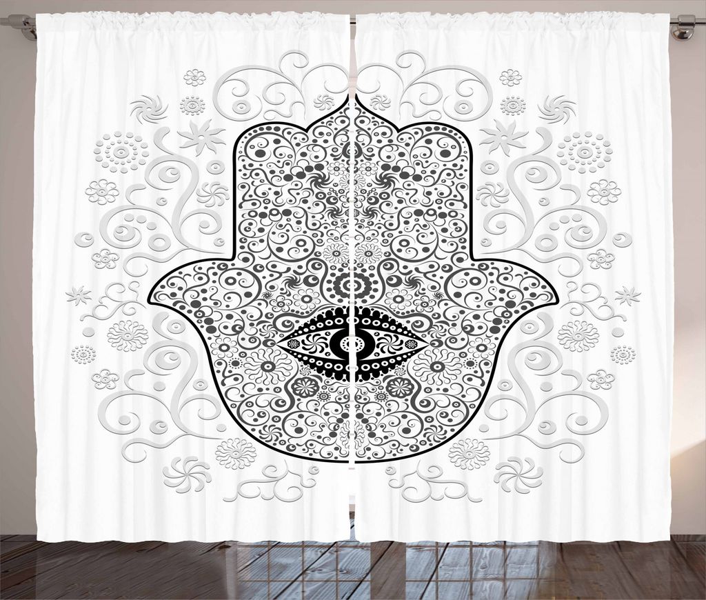 ABAKUHAUS Hamsa Rustikaler Vorhang, Schutzschild Luck, Wohnzimmer Universalband Gardinen mit Schlaufen und Haken, 280 x 245 cm, Schwarz Weiß Grau