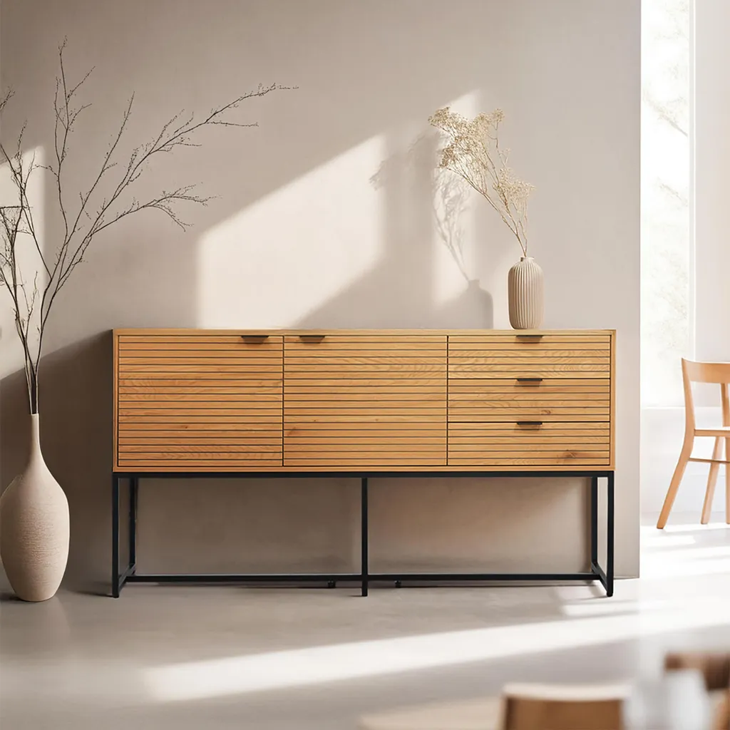 Enfilade scandinave 160 cm bois et noir Judith - Buffet 2 portes 3 tiroirs