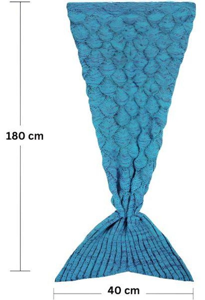 Teal gestrickte Meerjungfrau-Schwanzdecke mit Schuppenmuster auf dem Körper und gerippter Schwanzflosse, mit Maßen von 180 cm Länge und 40 cm Breite