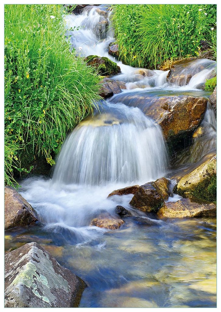 Wallario Premium Glasbild, freischwebende Optik, kräftige Farben, Größe 100 x 70 cm Motiv Kleiner Bach über Steine