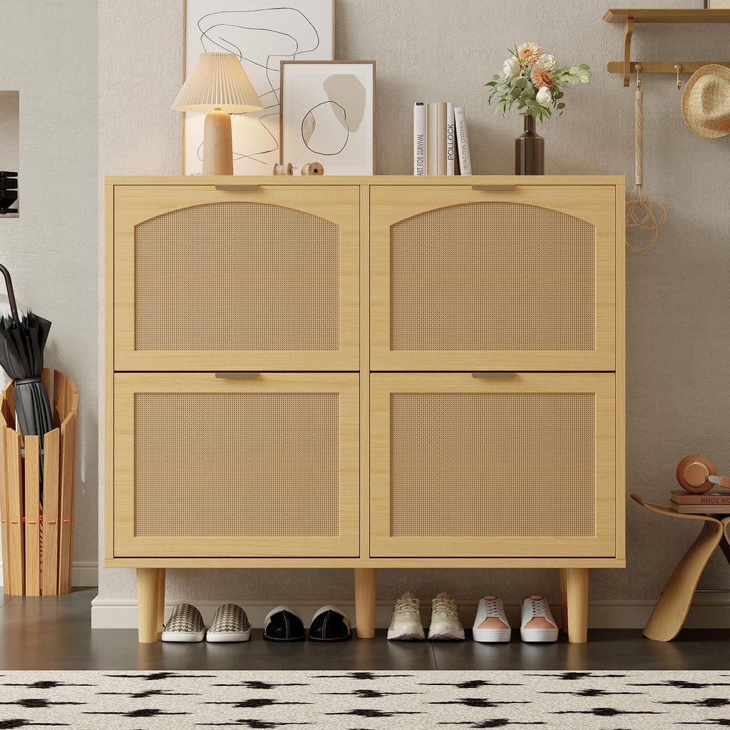 Fortuna Lai Schuhschrank mit 4 Klappschubladen, Schuhkommode aus Rattan mit Metallgriffen, Schuhregal für Flur, Schlafzimmer, Wohnung,Holzmöbel, ...