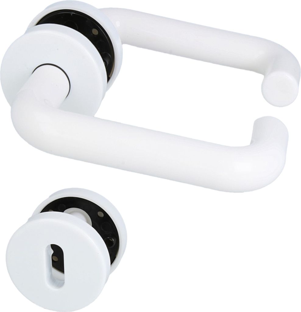 A white door handle set and a separate keyhole escutcheon are shown against a white background.