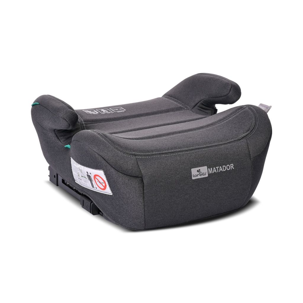 A dark gray car seat booster for children, shown from a side angle on a white background.