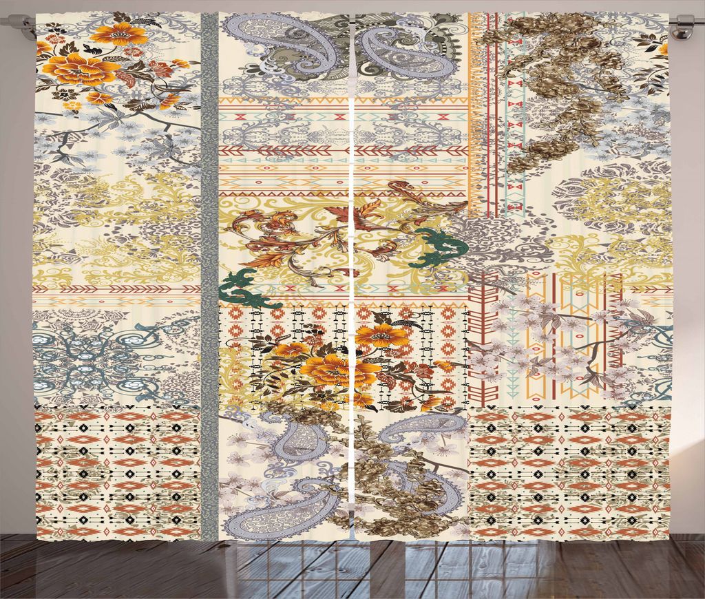 ABAKUHAUS Jahrgang Rustikaler Vorhang, Ethnischer Blumenaufbau, Wohnzimmer Universalband Gardinen mit Schlaufen und Haken, 280 x 225 cm, Elfenbein ...