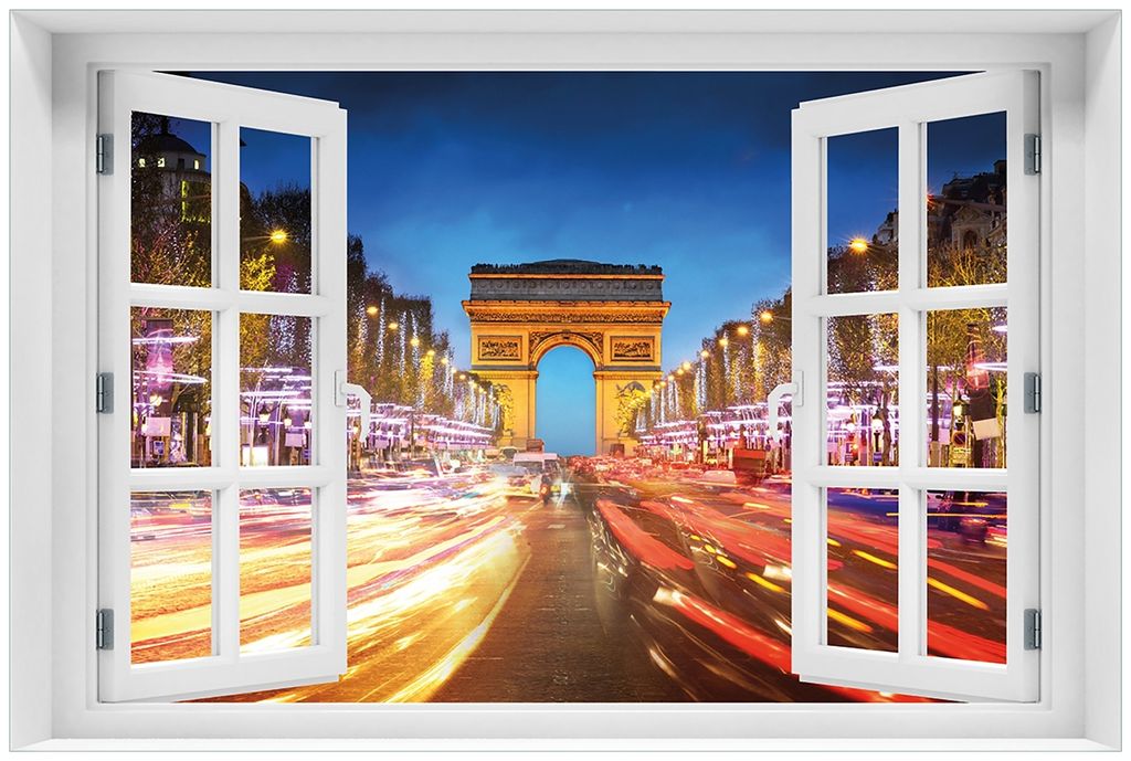 Wallario Premium Glasbild mit Fensterrahmen, freischwebende Optik, kräftige Farben, Größe 60 x 90 cm Motiv Arc de triomphe in Paris bei Nacht
