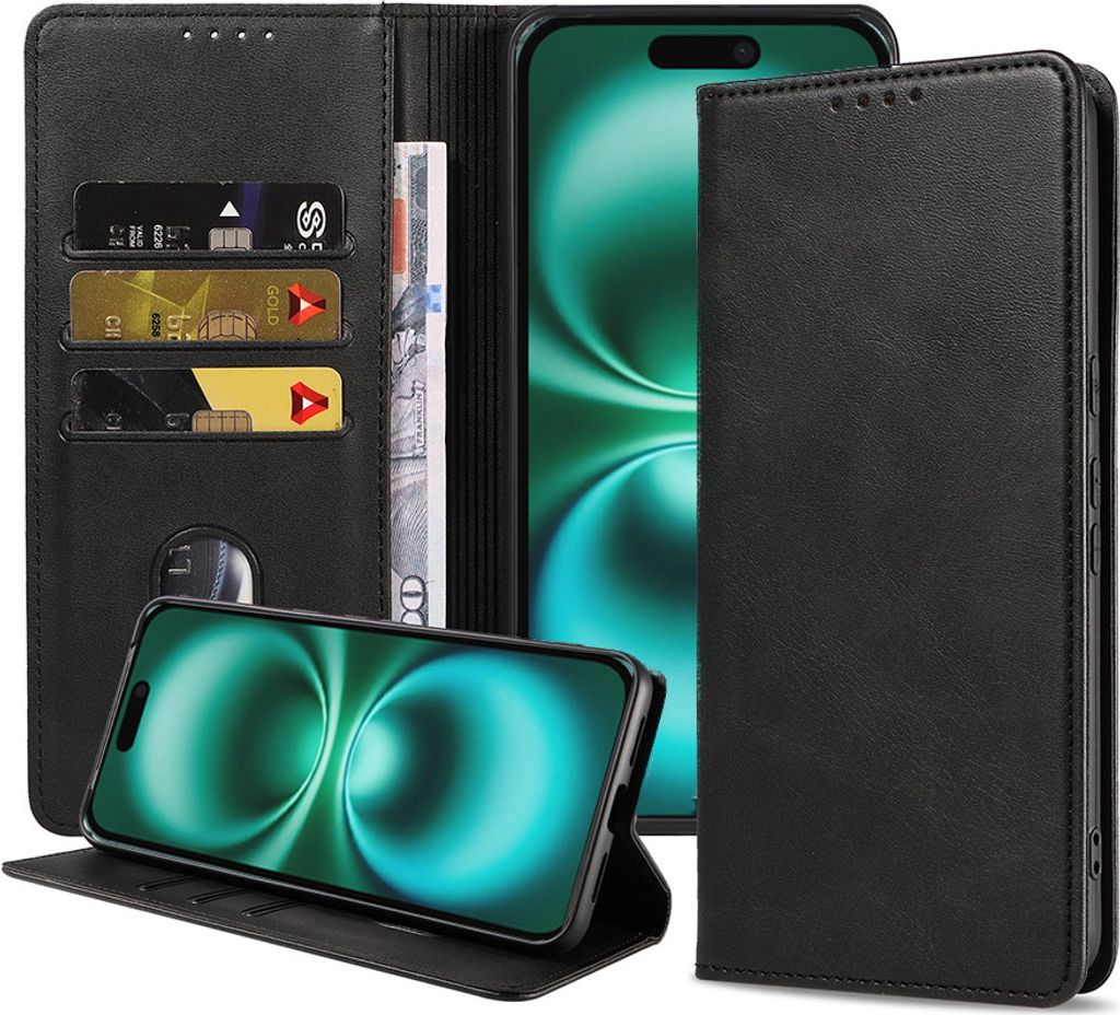 Smartphonica Handytasche geeignet für iPhone 16 Plus Kunstlederhülle mit Magnetverschluss und Kartenhalter Buchhülle mit Klappe - Schwarz