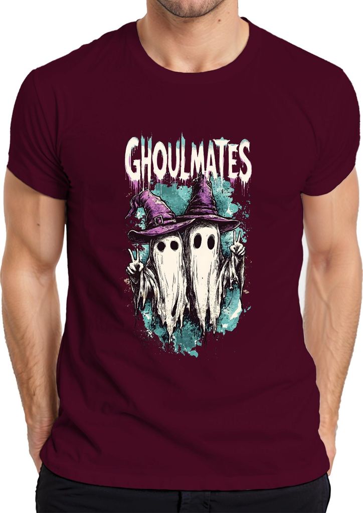 Ghoulmates Halloween Gespenster Geister Pärchen Hexenhut Vintage Herren T-Shirt, Burgundy, XL