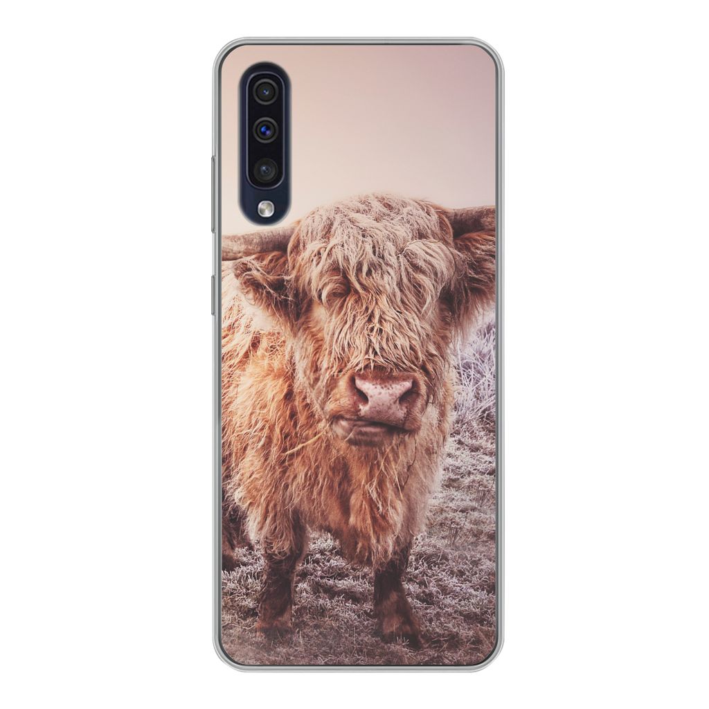 MuchoWow Handyhülle Schutzhülle Hülle für Samsung Galaxy A30s Schottische Hochlandbewohner - Licht - Himmel - Natur Silikon Softcase Handy H...