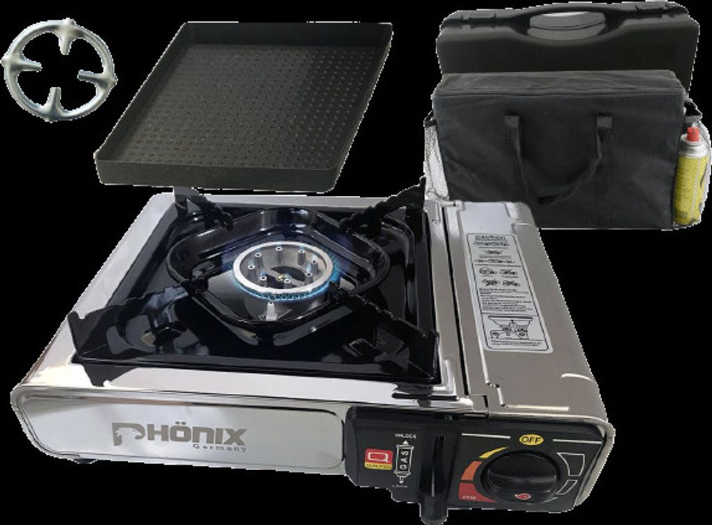 Phoenix PC-20 Gazinière Camping Inox - Neuve Avec Accessoires Grill + 8 Cartouches Gaz | Réchaud Camping Phoenix PC-20 | Cuisinière Gaz Inox Portable 1 Feu
