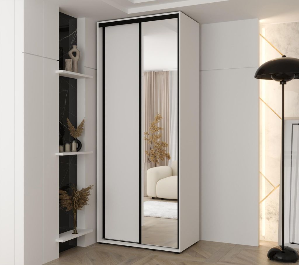 MINIO go for it, Kleiderschrank VADO, 110x235,2x60 cm, 2 Schiebetüren (1 Spiegel), 6 Einlegeböden, 2 Metallstangen, Stahlgriffe, Weiß Matt