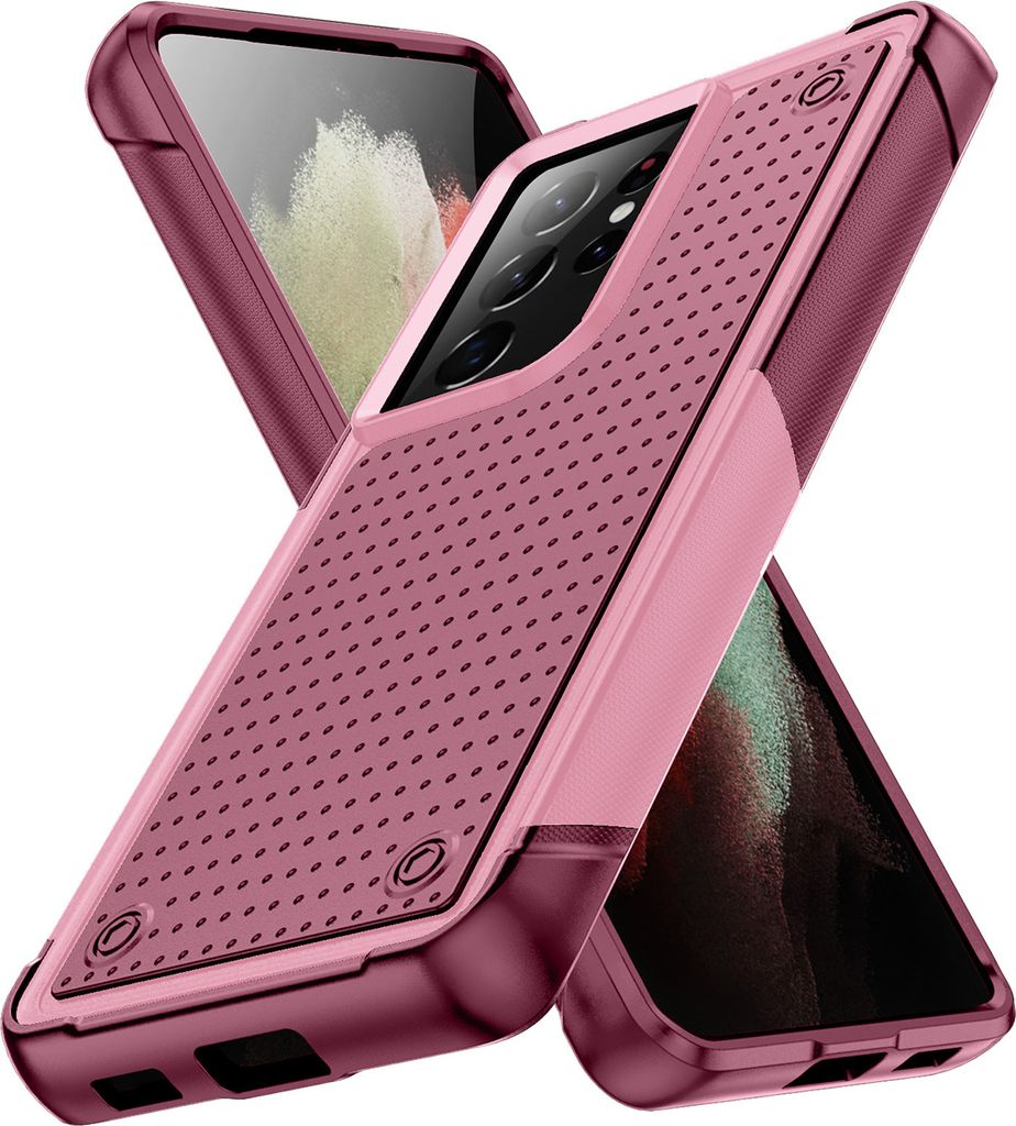 Für Samsung Galaxy S21 Ultra 5G Hülle Militärqualität Stoßfest Hybrid 2 in 1 Hart PC Weich TPU Handyhülle Pink Rot