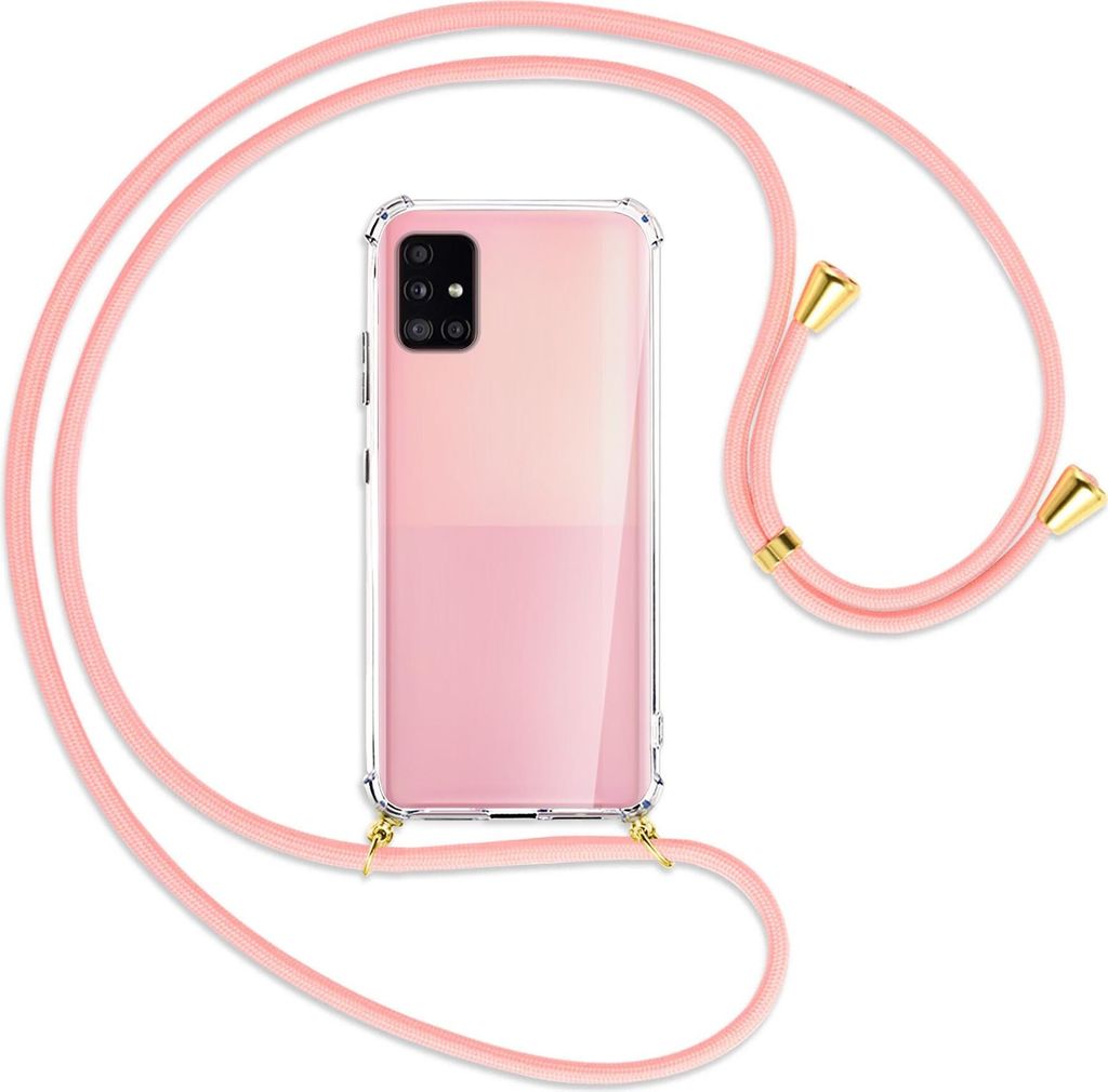 Handykette Backcover-Schutzhülle mit Band (Metall goldfarben) für Samsung Galaxy A51 5G (A516) - rosa