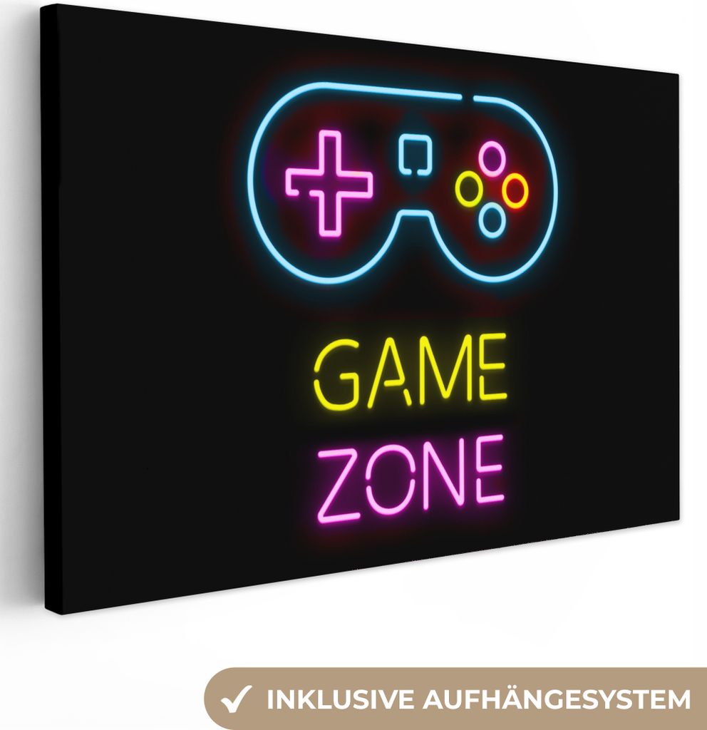 MuchoWow - Leinwandbilder - Controller - Spiel - Neon - Schwarz - Zitate - Spielzone, Wandbild, Wanddeko Bilder Wohnzimmer, 90x60 cm