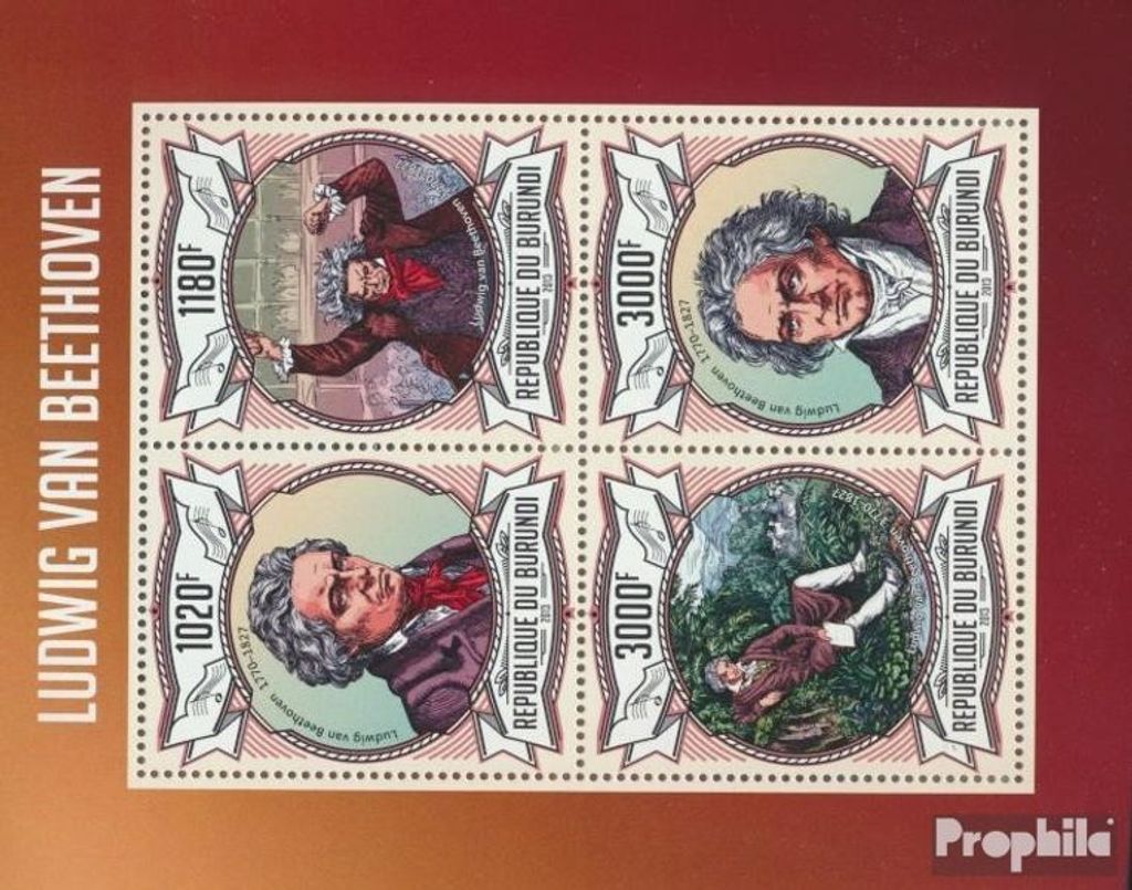 Briefmarken Burundi 2013 Mi 3018-3021 Kleinbogen (kompl. Ausgabe) postfrisch Ludwig van Beethoven