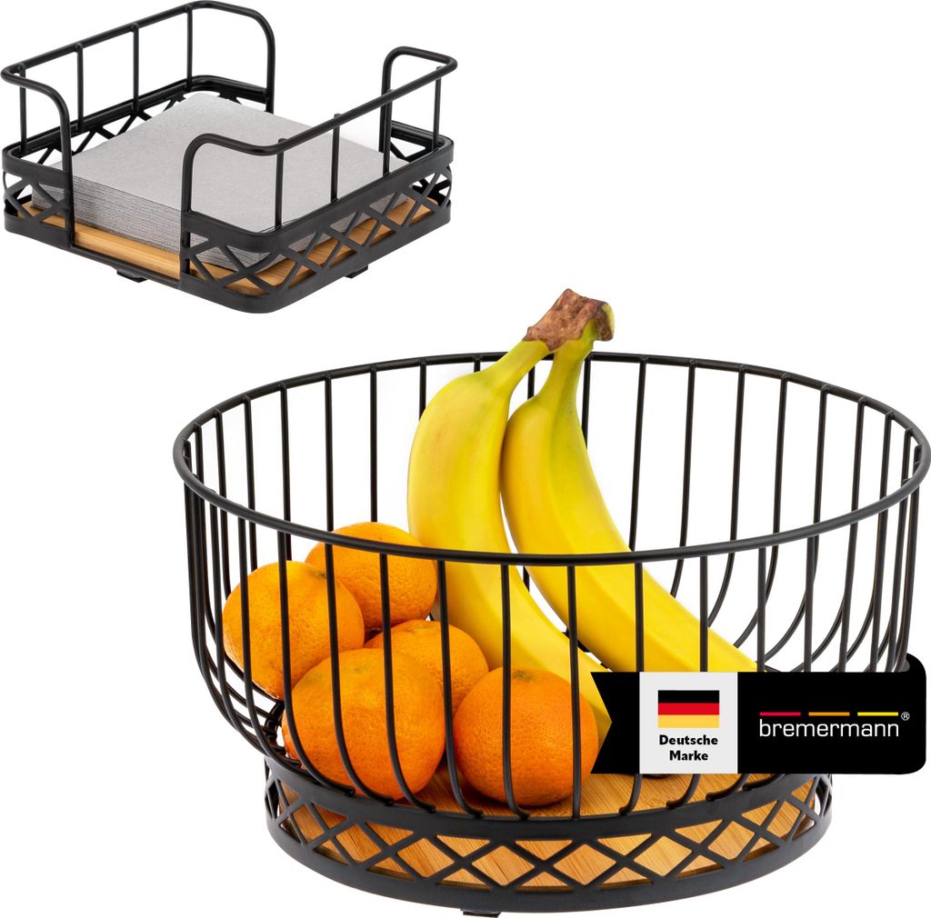 bremermann Obstkorb 2er Set inklusive Serviettenhalter, Obstschale/ Brotkorb aus Bambus und Metall