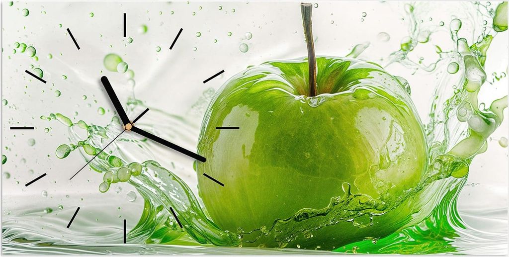 Wanduhr aus Glas mit Motiv Splash Apfel- 60 x 30 cm - inkl. Aufhängesystem