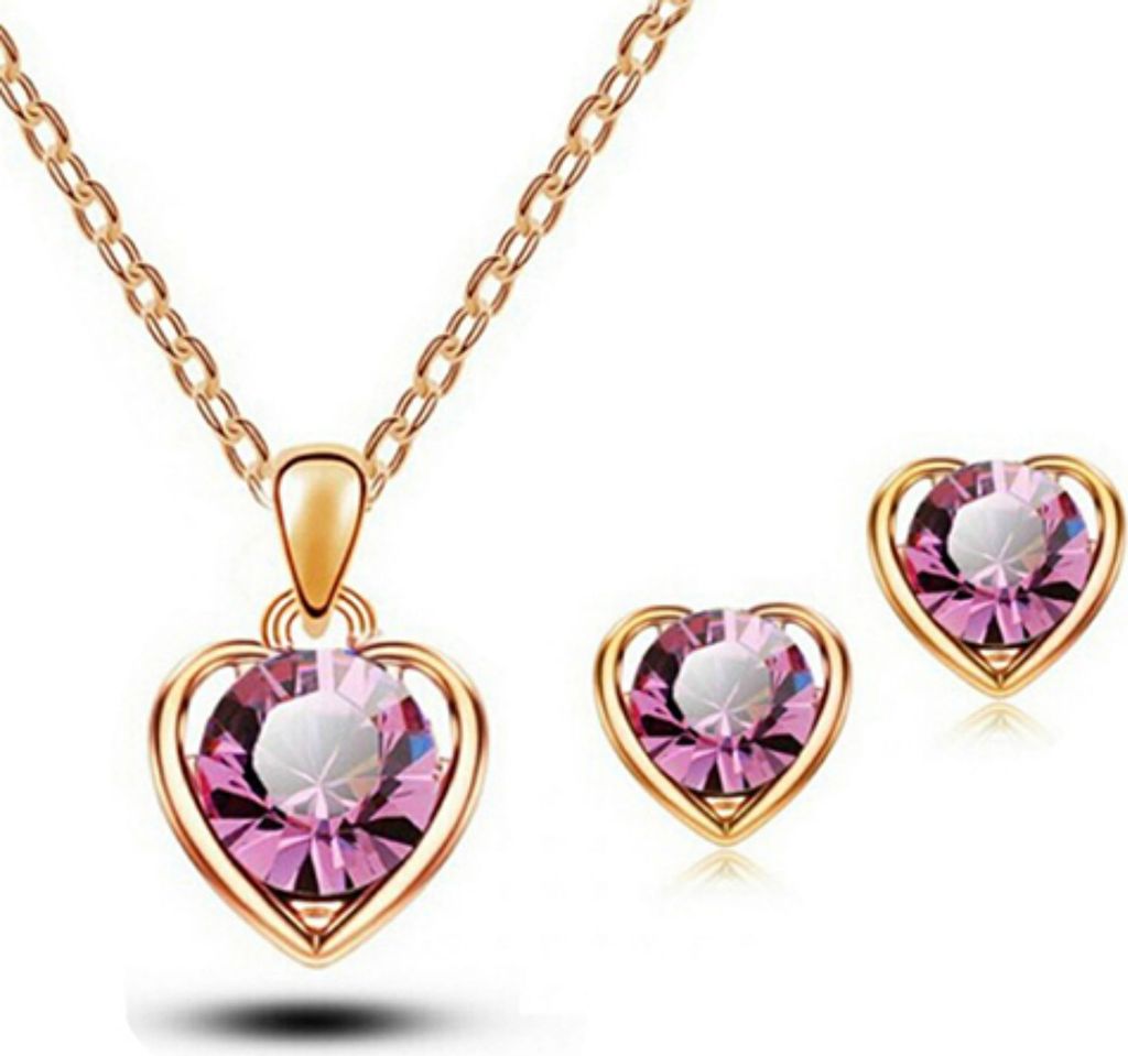 Damen Modeschmuck Herz Kristall Anhänger Halskette Ohrstecker Ohrringe Set-Gold + Rosenrot