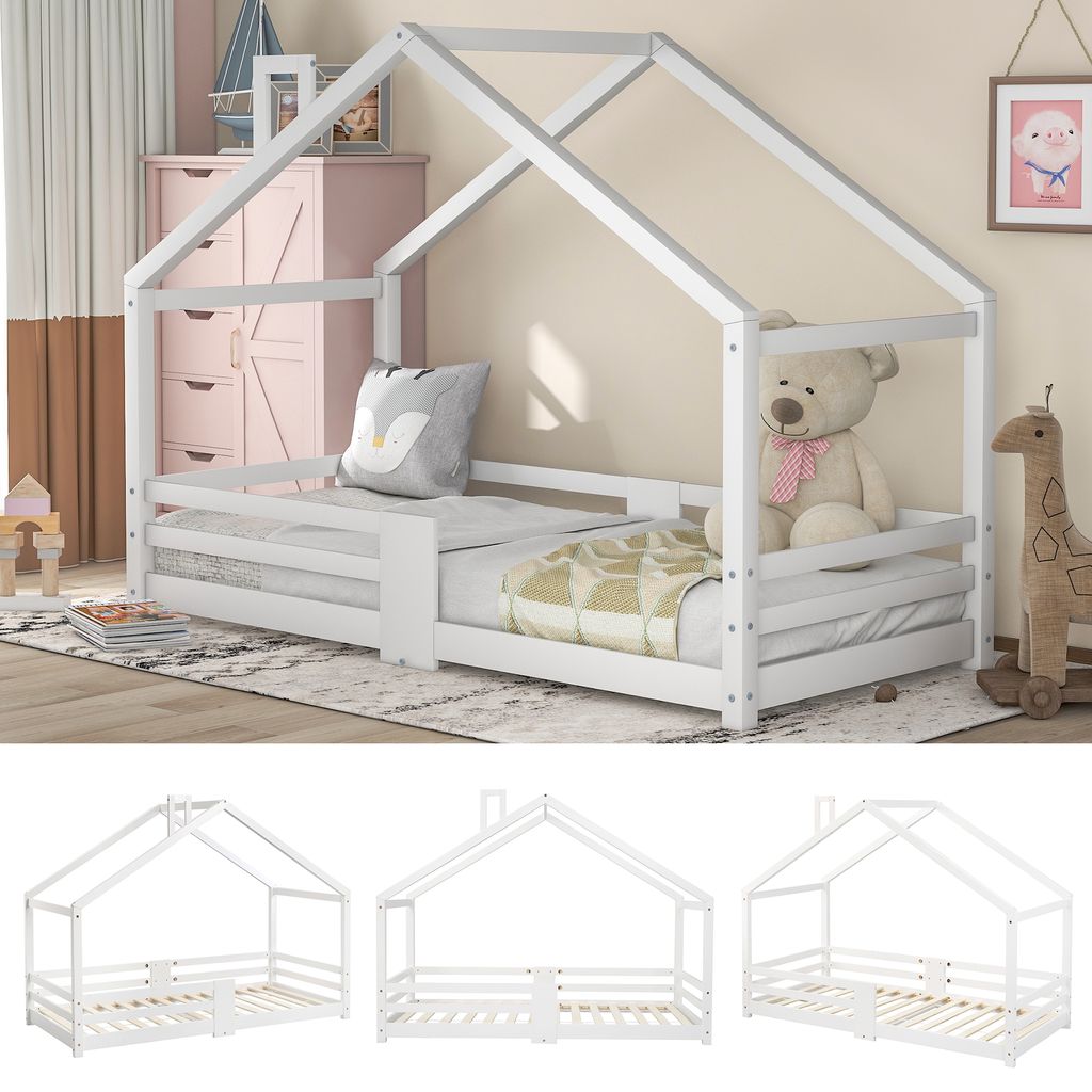 Kinderbett Matratze mit Rausfallschutz 90x200cm Haus Holz Grau Bettenhaus Bett 