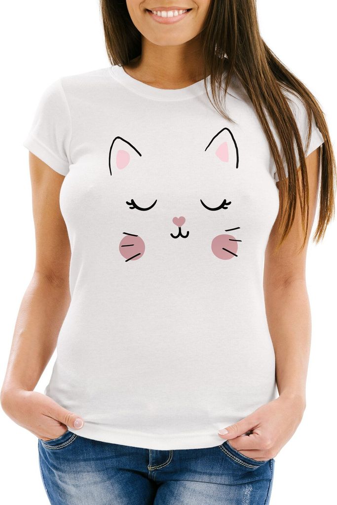 Damen T-Shirt Katze Katzengesicht Cat Tiergesichter Slim Fit Moonworks weiß XS