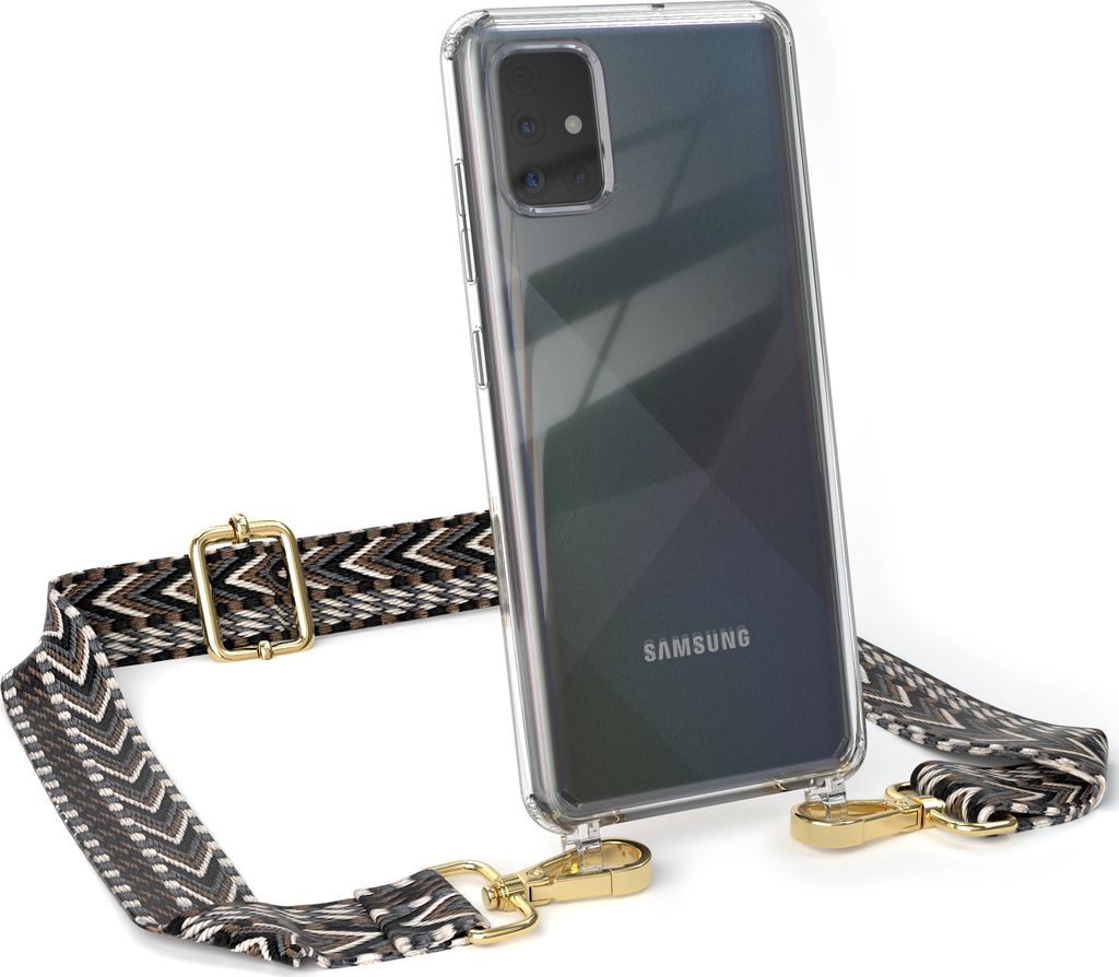 EAZY CASE Handykette - Verstellbarer Trageriemen kompatibel mit Samsung Galaxy A51, Handykordel mit transparenter Silikon-Hülle, Band in Grau