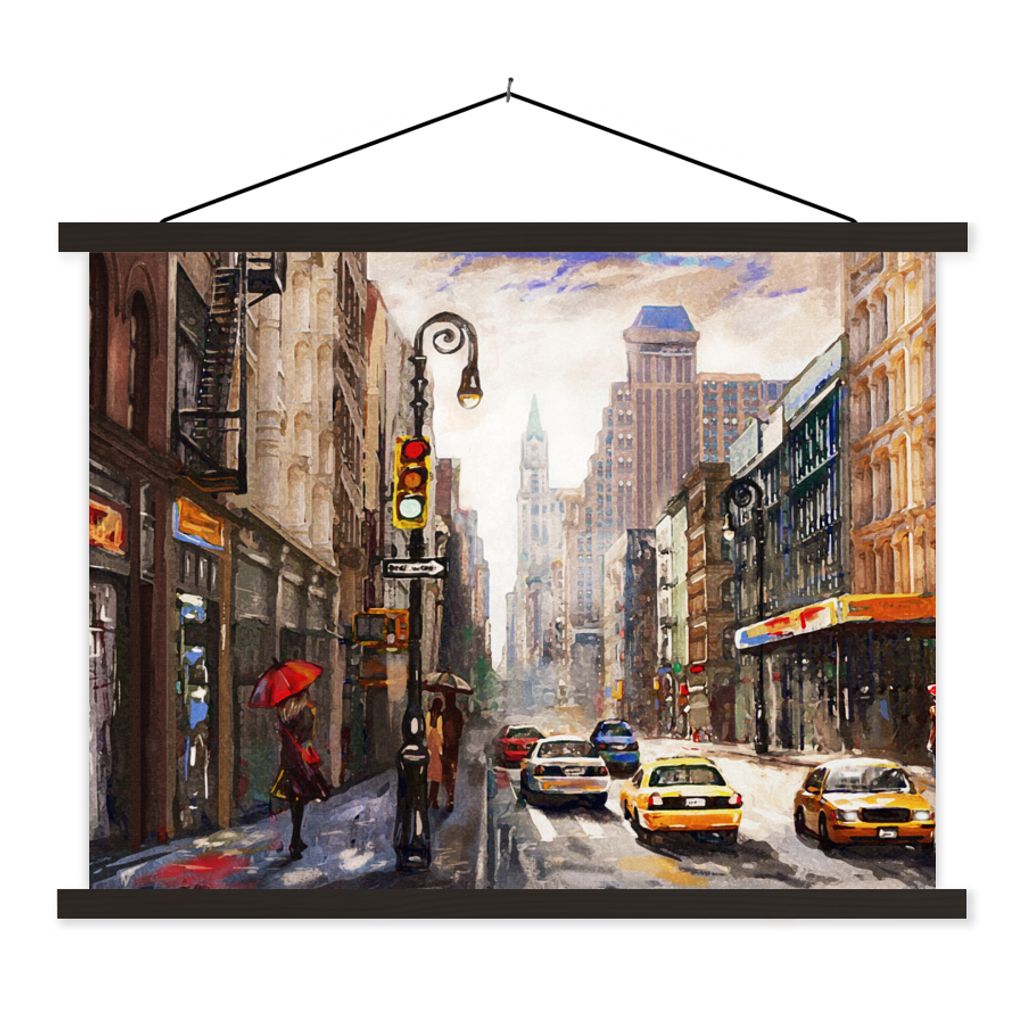 MuchoWow Textilposter Gemälde - Stadt - Auto - Öl 120x90 cm mit schwarzem Rahmen - Aufhänger für Poster