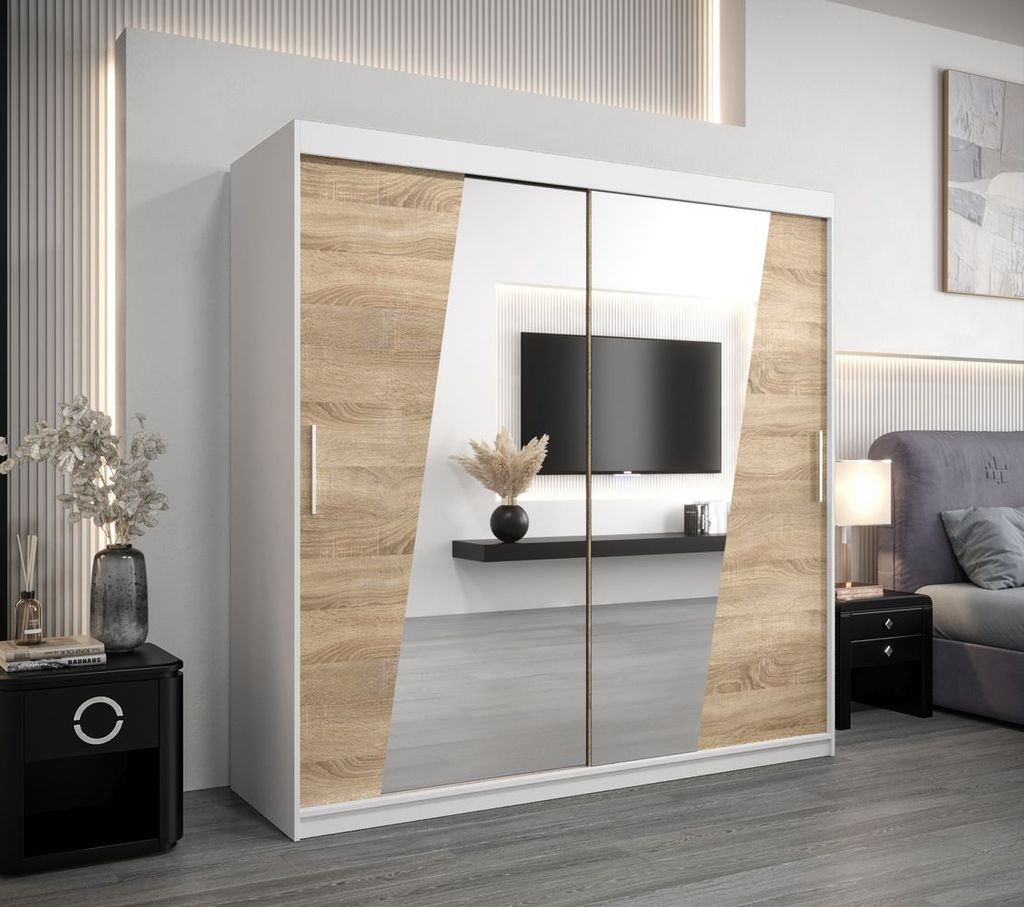 Kleiderschrank ESTER – Breite 200 cm, weiß / Eiche sonoma