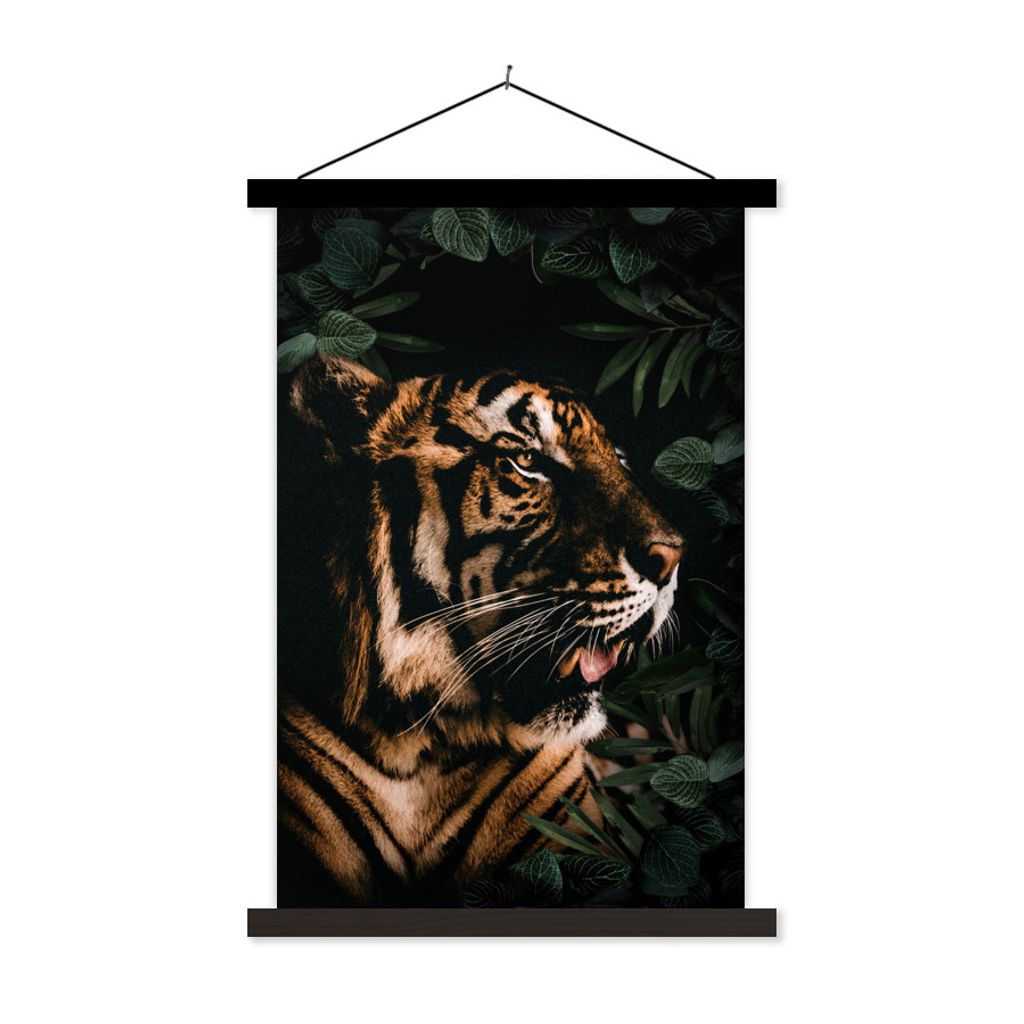 MuchoWow Textilposter Tiger - Brüllen - Pflanzen 60x90 cm mit schwarzem Rahmen - Poster Wohnzimmer