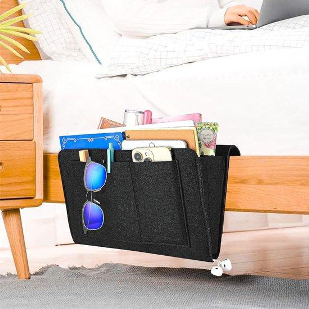 Nachttisch Organizer mit 5 Taschen, schwarz, für Bett und Bücher