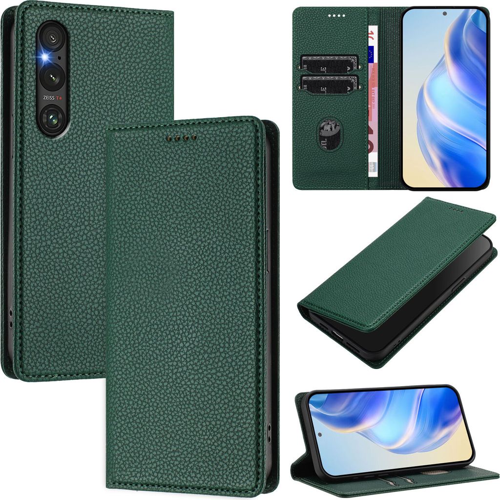 Litchi Leder Handyhülle für Sony Xperia 1 V Wallet Kartenfächer Standfunktion Hülle Grün