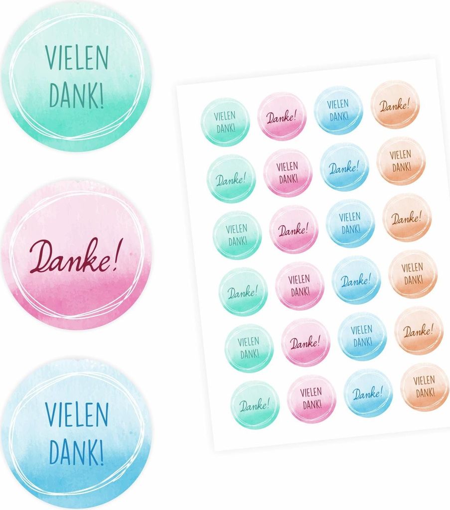 24 Vielen Dank! Aufkleber - Aquarell pastell - rund 4 cm Ø - Dankeaufkleber Sticker Hochzeit Gastgeschenk