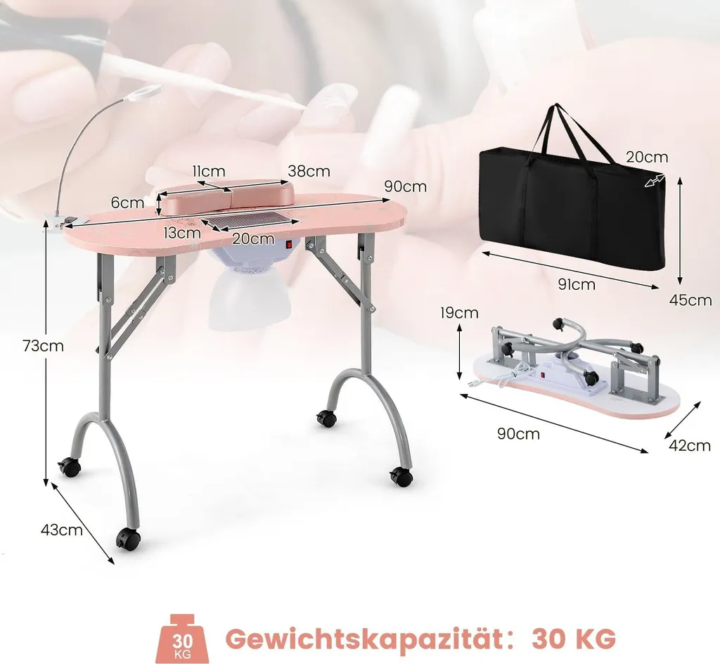 Table manucure pour pose de vernis avec lampe LED et collecteur 90cm
