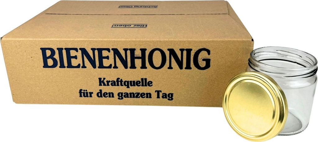 A cardboard box with text and a glass jar with a gold lid are shown against a white background.