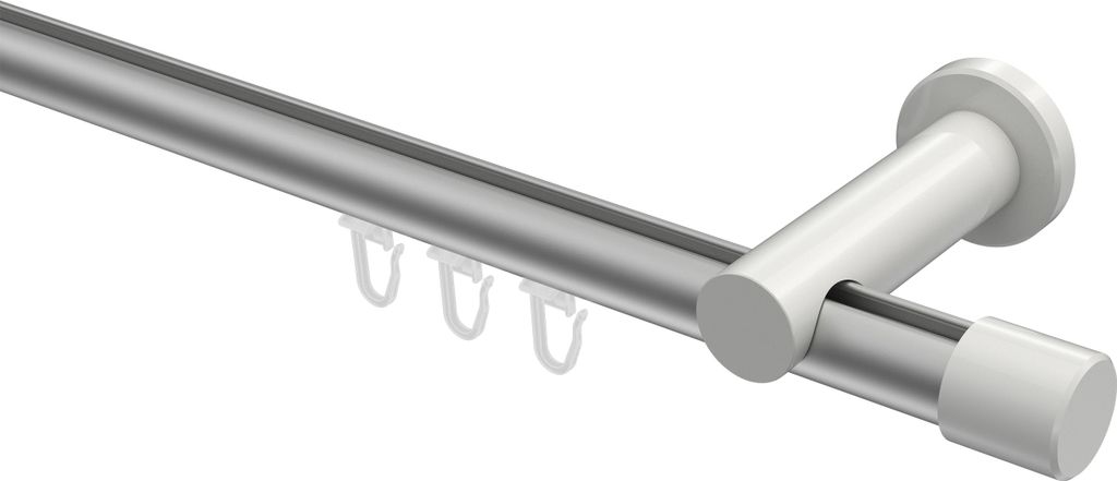 Interdeco Innenlaufstange / Gardinenstange mit Innenlauf Silbergrau / Weiß, Typ Platon Santo (Kappe), 20 mm Ø 1-läufig, 200 cm