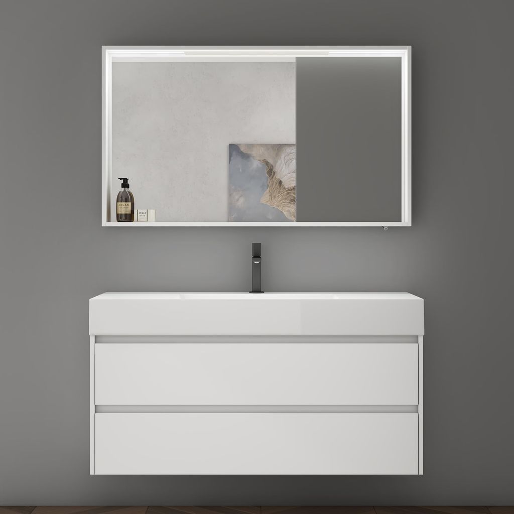 doporro Spiegelschrank Wandspiegel mit LED-Beleuchtung und Ablage Wandschrank in Matt Weiß aus Holz 120x12x70cm Hängeschrank für Badezimmer Spie...