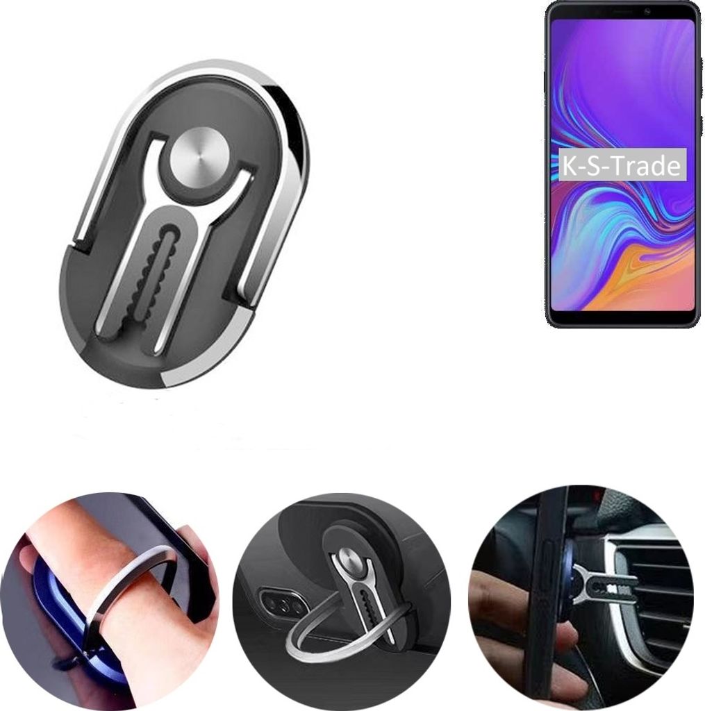 K-S-Trade 3in1 Smartphone-Ring Handy-Ring kompatibel mit Samsung Galaxy A9 (2018) Fingerhalterung Handyring Tischständer Lüftungsgitter-Halterung