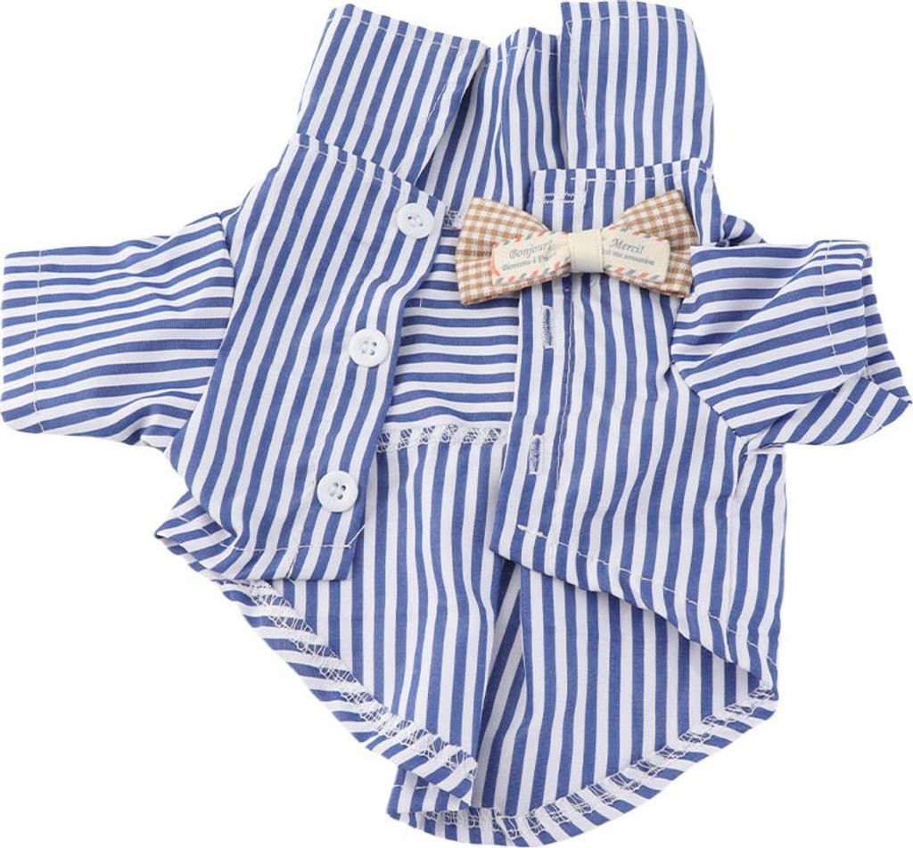 Gestreiftes Hunde-Shirt, atmungsaktiv, lässig, kurzärmelig, Welpenkleidung mit Schleife für Teddy, Zwergspitz, Frühling, Herbst, Blau, S