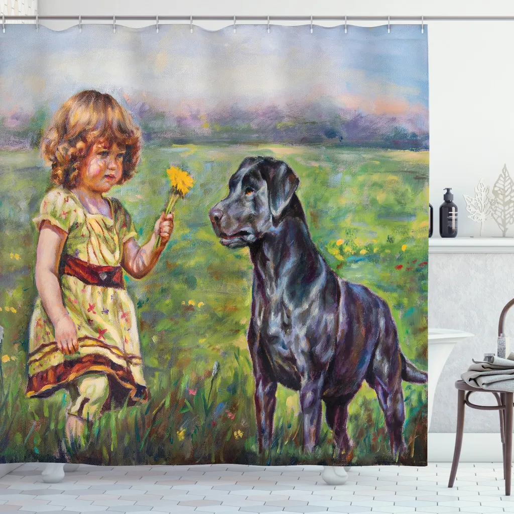 Rideau de Douche Anti-Moisissure Opaque 175x240 cm Chien Fleuri avec Anneaux