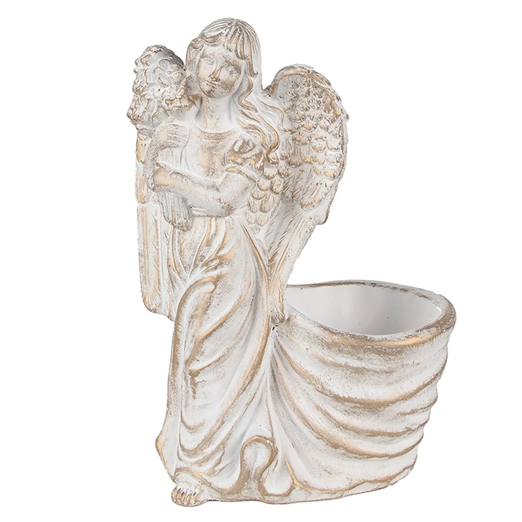 Pot de fleurs ange blanc pierre 22x13x30 cm : statuette décorative jardin