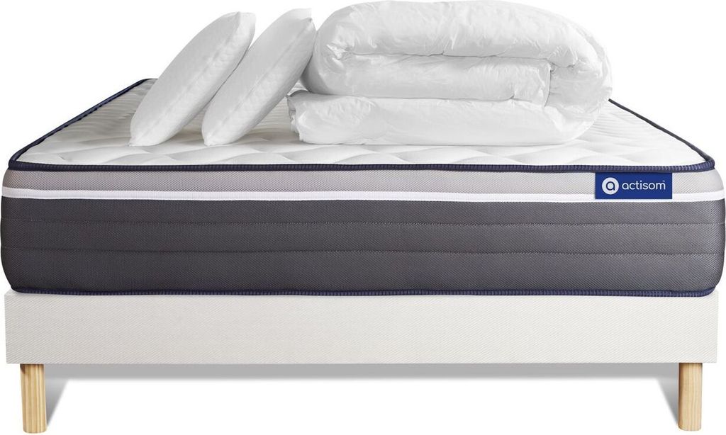 Komplettpaket Bett - Matratze 140x200 cm + Boxspringbett mit Lattenrost (im Set) + 2 Kopfkissen + Bettdecke - Actilatex Plus