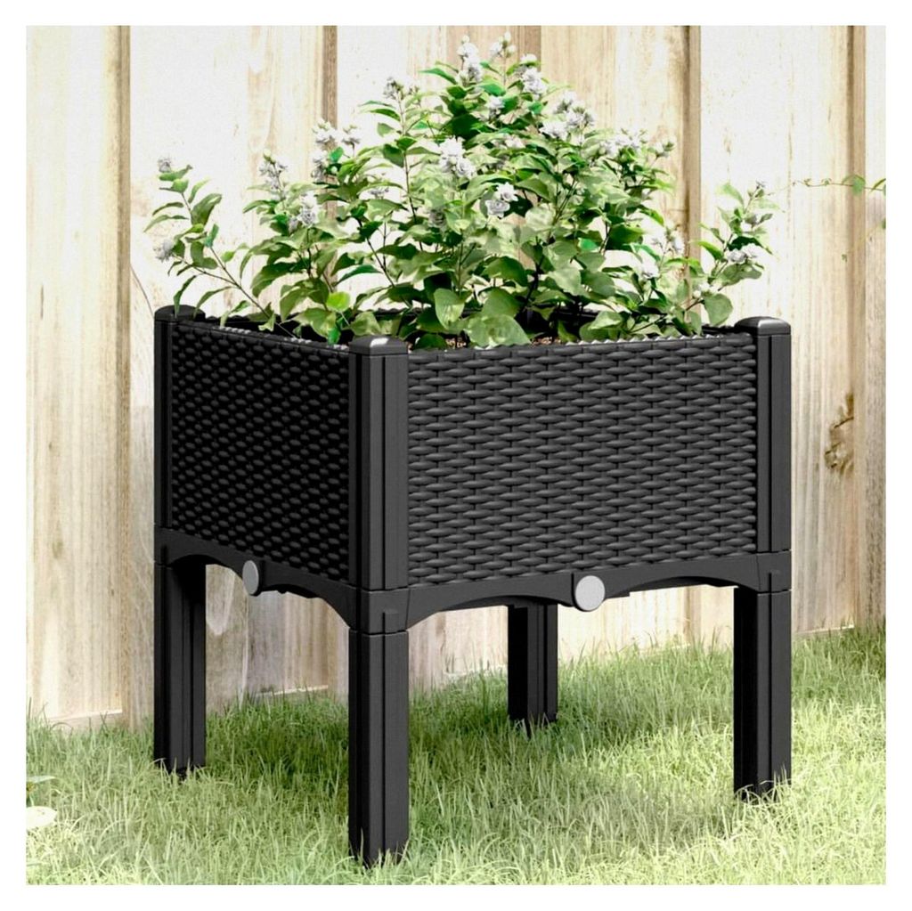 Pflanzkasten mit Beinen in Rattan-Optik, Pflanzkübel für Garten und Terrasse, Hochbeet für Gemüse, Schwarz 40x40x42 cm aus PP