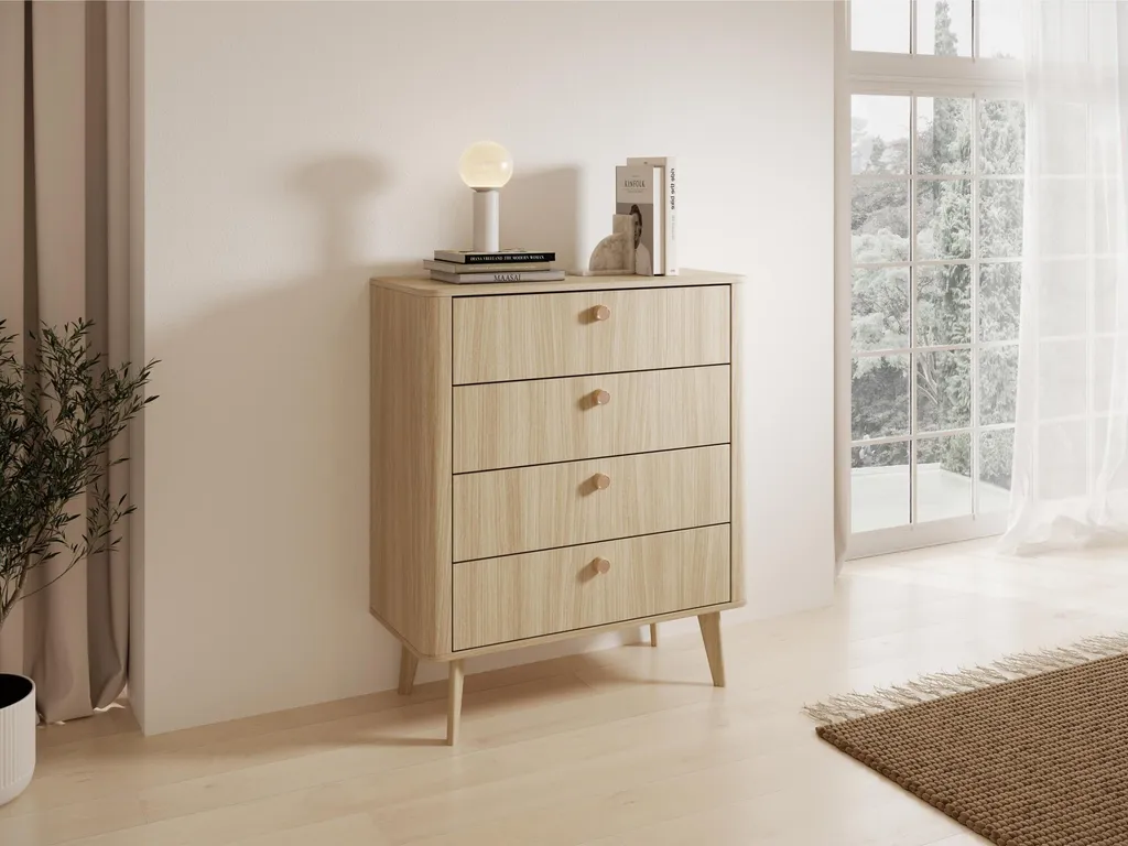 Commode Viki Gain de Place 88cm - Solution de Rangement Chêne et Beige