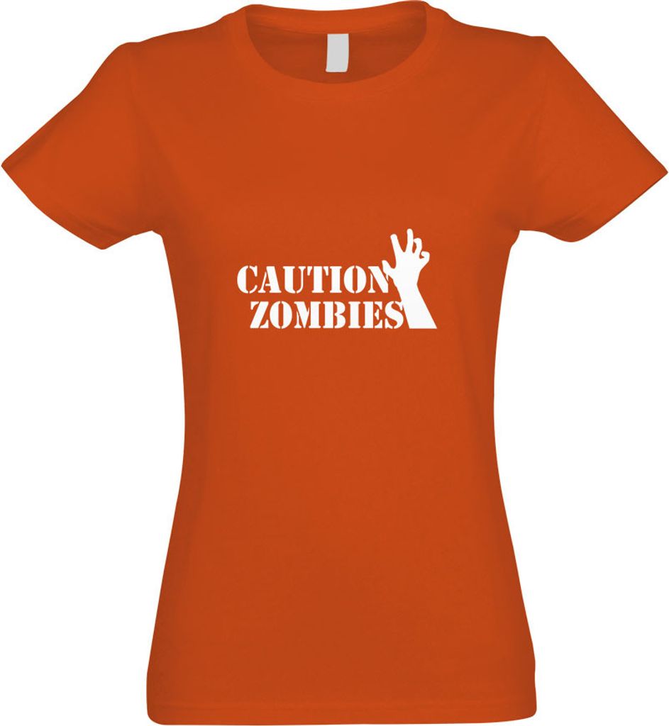 Kiwistar - T-Shirt tailliert - Damen - orange - Caution Zombies - mit Motiv Bedruckt - Funshirt Design - Sport - Freizeit - Damen - S