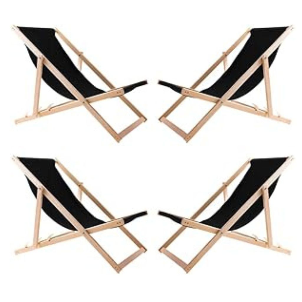 Four black canvas deck chairs with wooden frames are arranged in a grid on a white background.