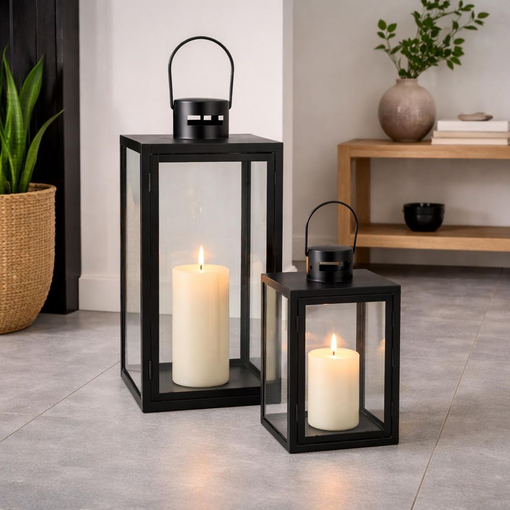 2tlg Metall Laternen Set Schwarz Gartenlaterne Windlicht