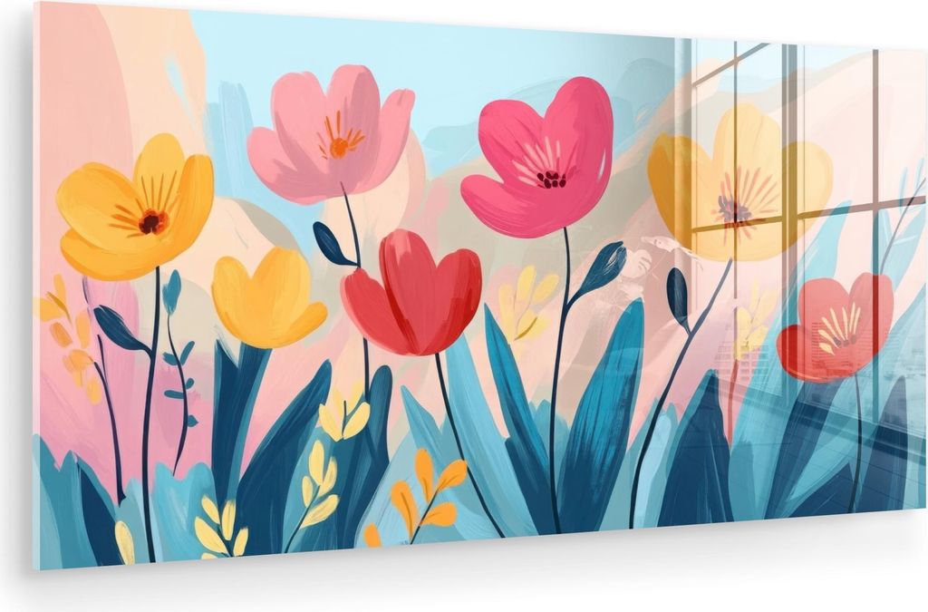MuchoWow Glasbilder - Bilder auf Wandbild - Foto auf Glas Illustration - Blumen - Farbenfroh 40x20 cm Wanddekoration aus Glas - Acrylglasbild - Acr...