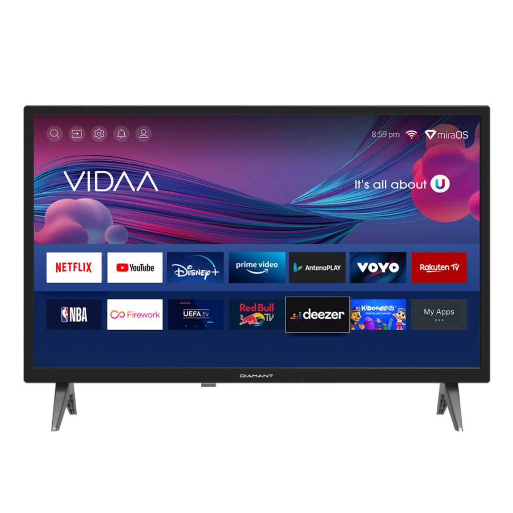 A smart TV displaying its home screen with various app icons.