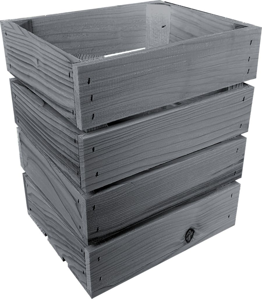 A stack of four wooden crates, painted gray, shown from a slightly elevated side angle.