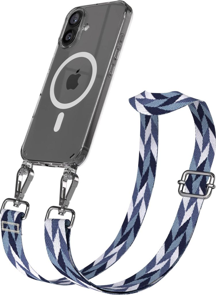 EAZY CASE - Handykette mit MagSafe Hülle für Apple iPhone 16, Handyband Mix Style, Karabiner Silber, Umhängeband in Blau
