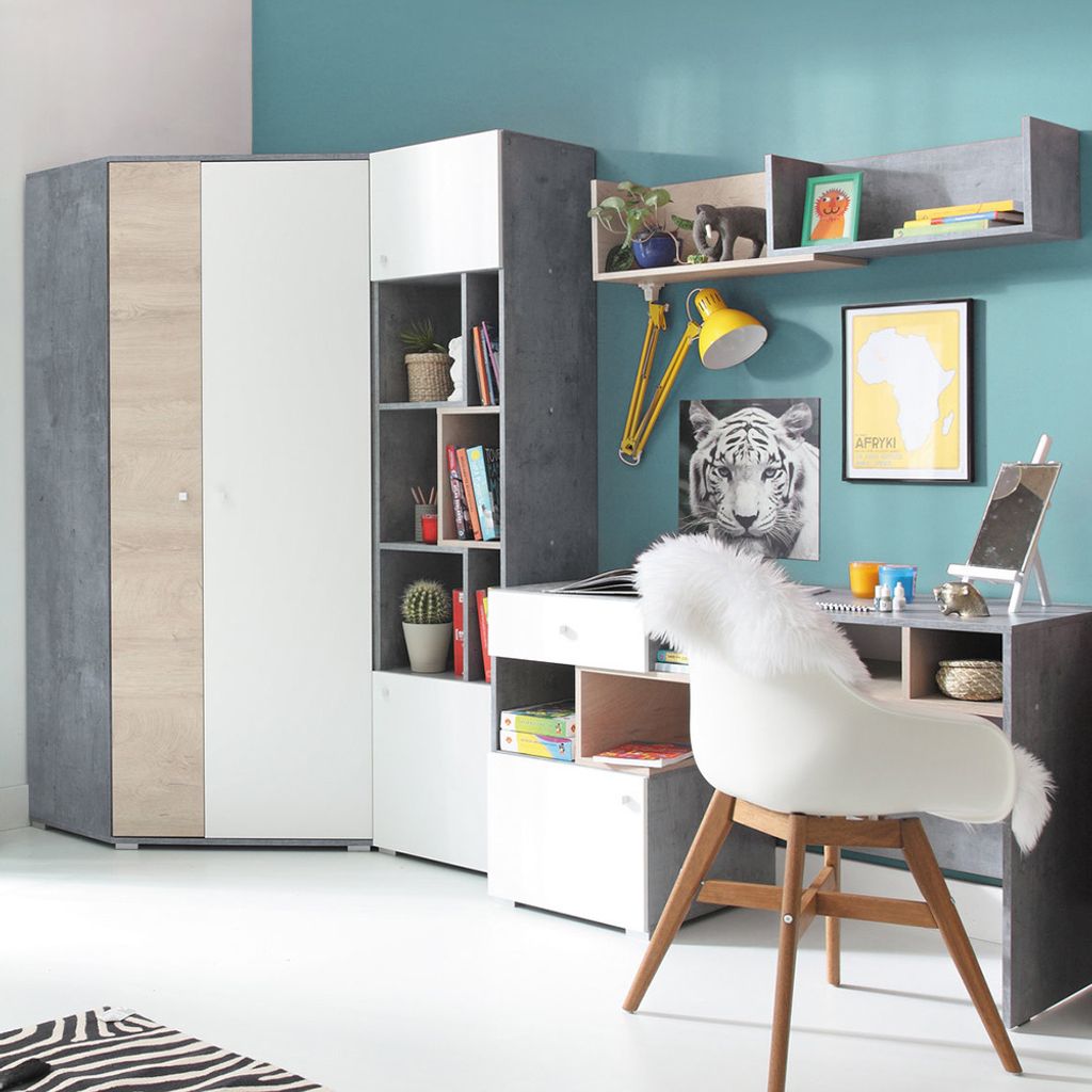 Jugendzimmer Set 4-teilig SEATTLE-133 mit Eckkleiderschrank in Beton weiß Eiche