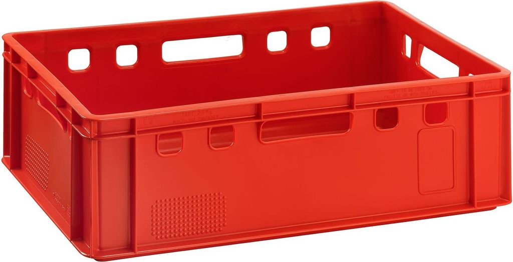 A red plastic crate is shown against a white background.